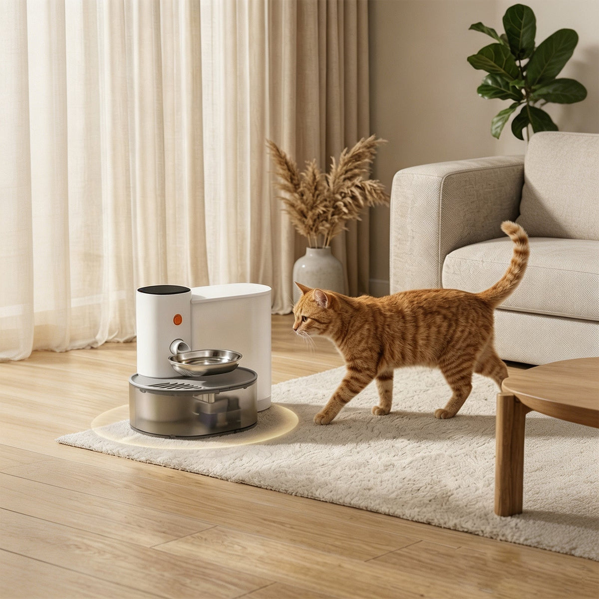 A ginger cat walking past the self-refilling water fountain on a rug
