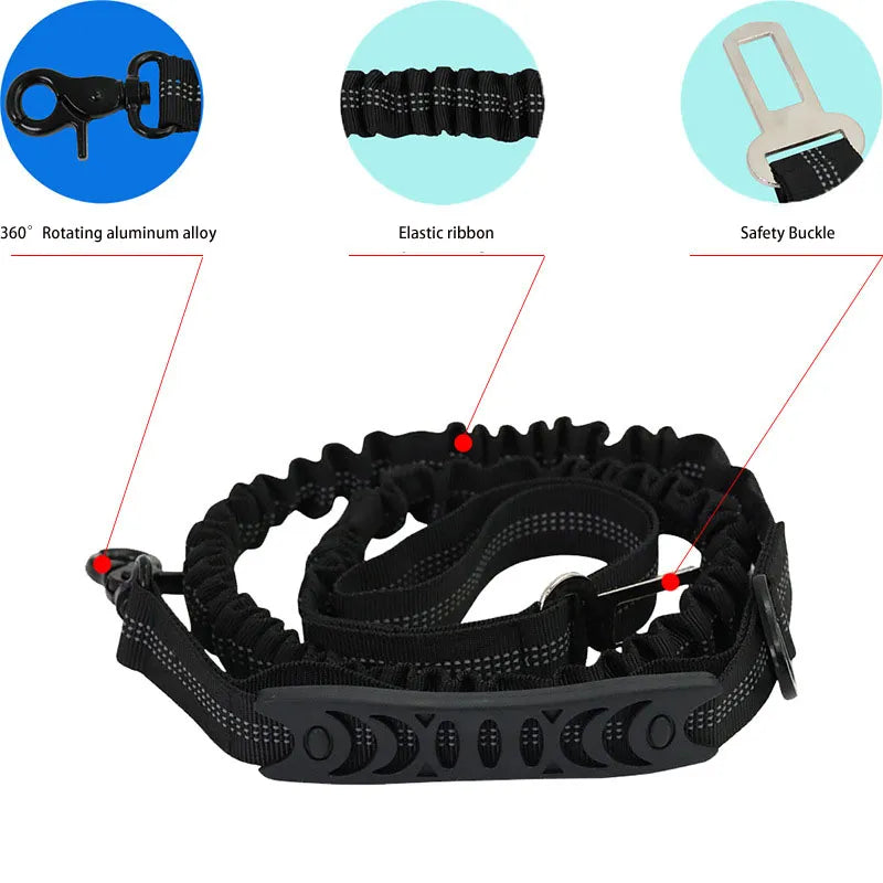 Black bungee dog lead with close-ups of the swivel snap hook, the elastic section and the seat belt clip