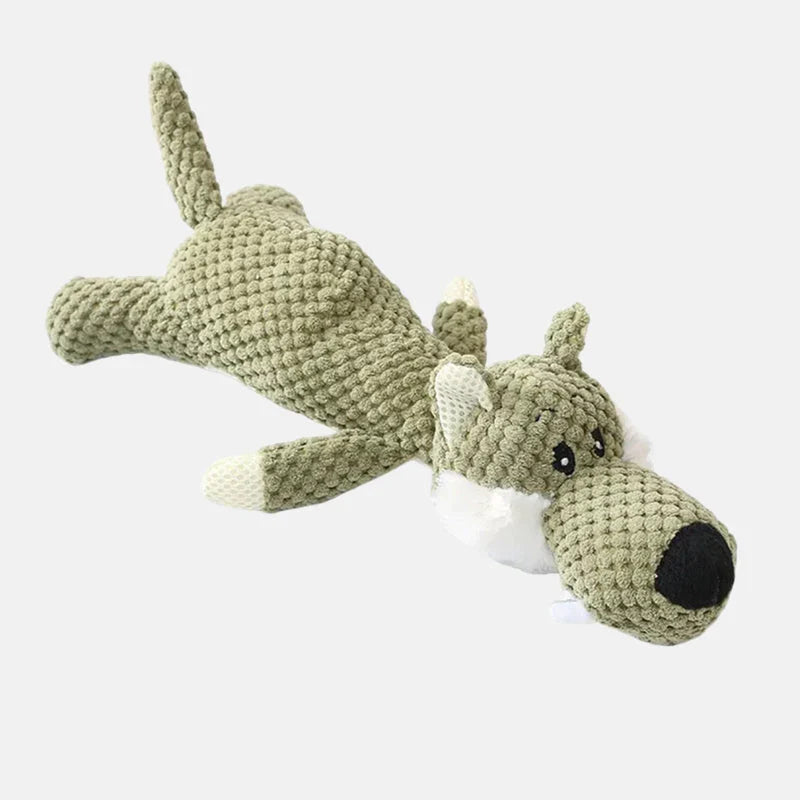 Green plush wolf dog toy in knobbly fabric