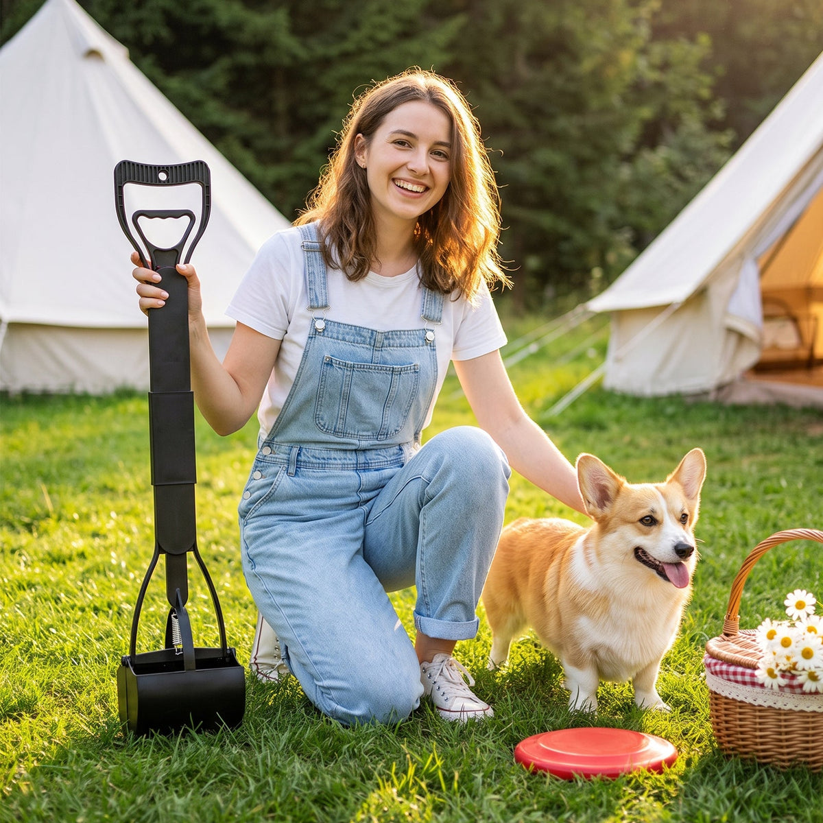 A smiling woman kneeling with a corgi, the black poop scoop standing beside her