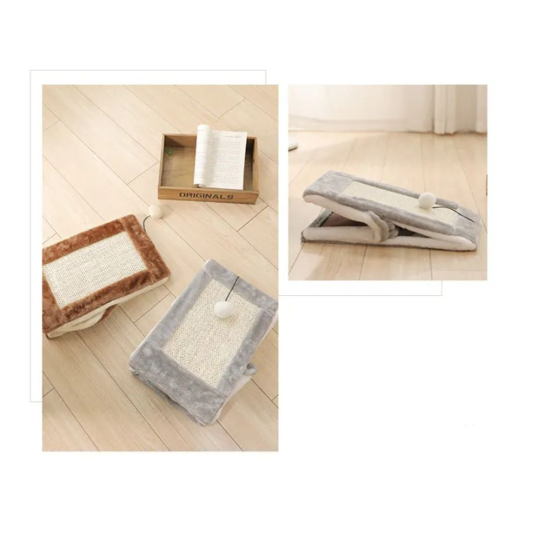 The brown and the grey triangle cat houses folded flat, and one half folded