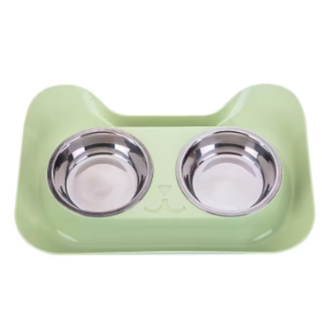 Light green double bowl set with a cat-shaped tray and two stainless steel bowls