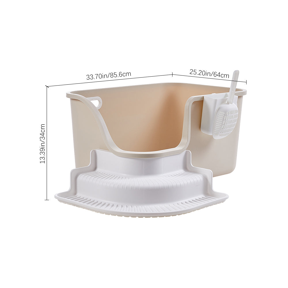 Open-top cat litter box measuring 85.6 cm long, 64 cm deep and 34 cm high