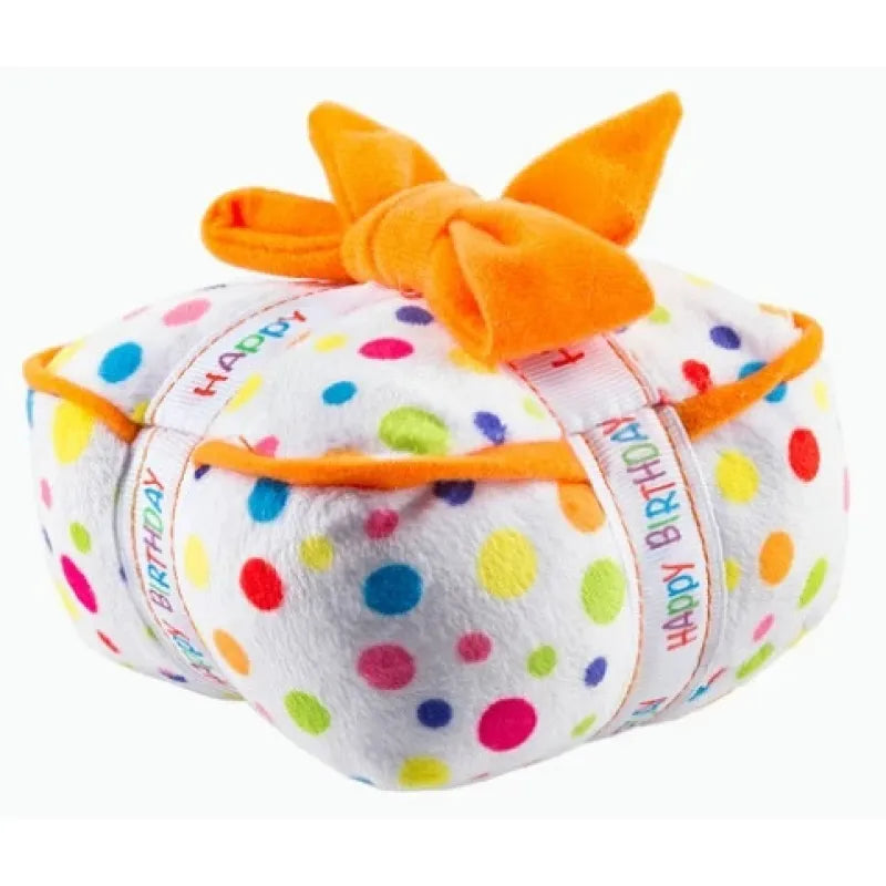 White polka-dot plush gift box dog toy with an orange ribbon and bow
