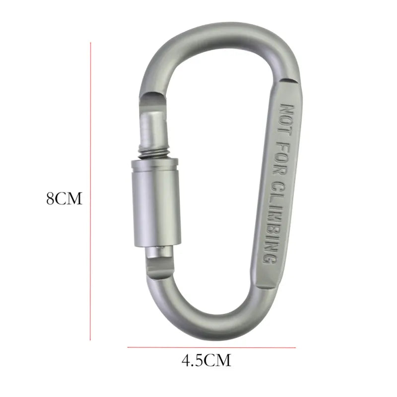Grey screw-lock carabiner, 8 cm long and 4.5 cm wide
