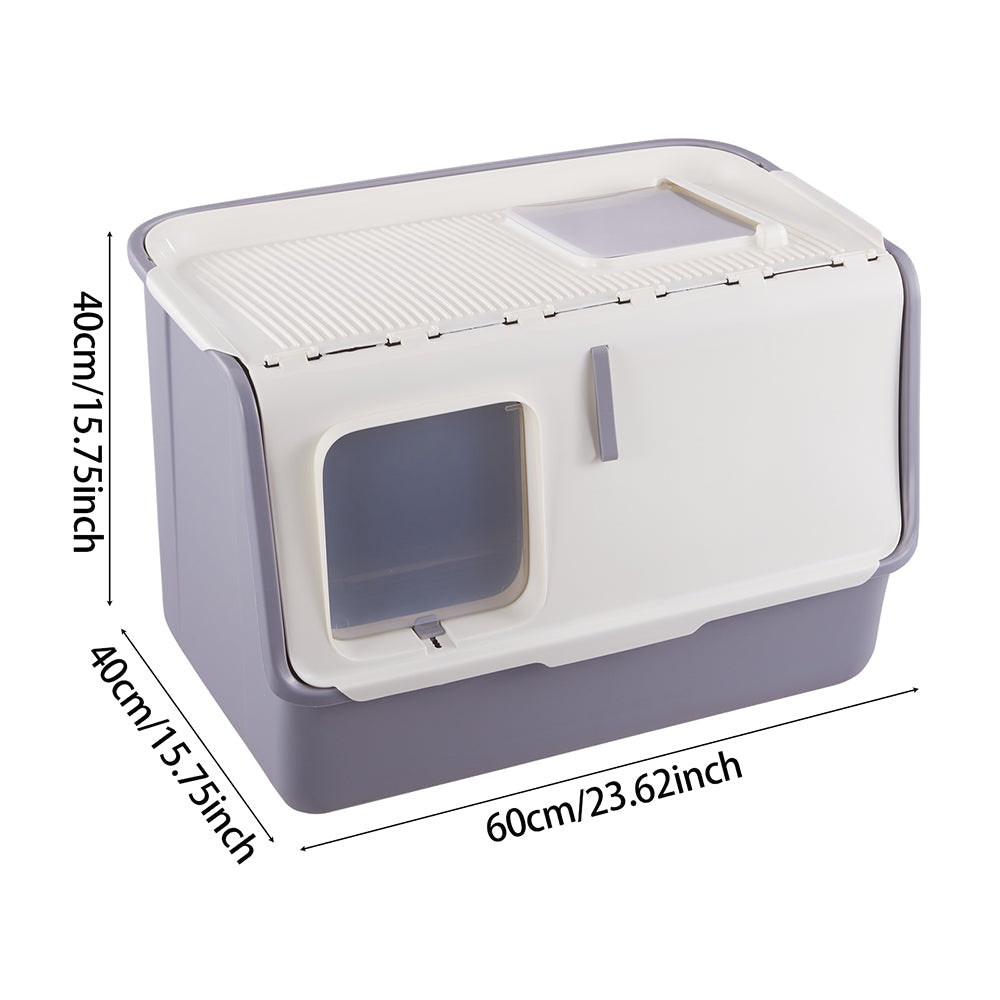 The white and grey hooded litter box with its dimensions: 60 cm wide, 40 cm deep and 40 cm high
