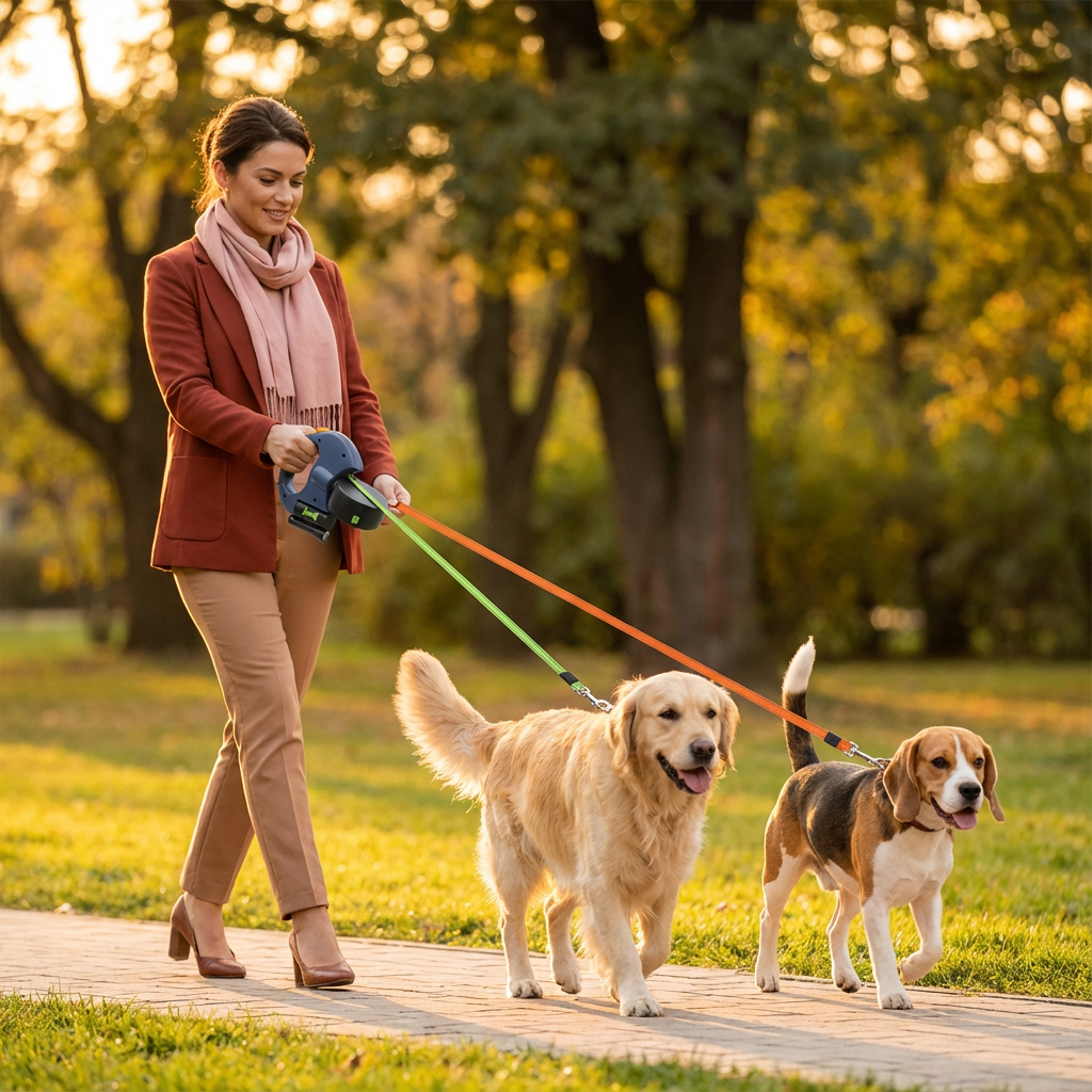 A woman walking two dogs on the double lead along a park path