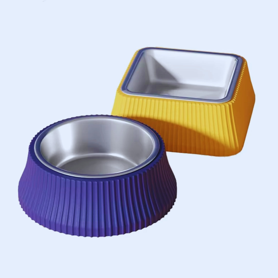 Blue round and yellow square ribbed dog bowls with stainless steel inserts