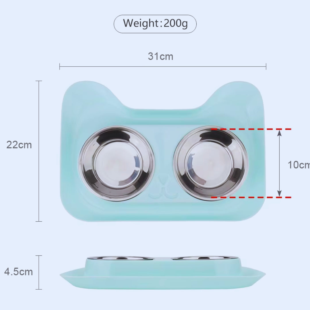 Mint double bowl set with its dimensions: 31 cm wide, 22 cm deep, 4.5 cm high, bowls 10 cm across, weight 200 g
