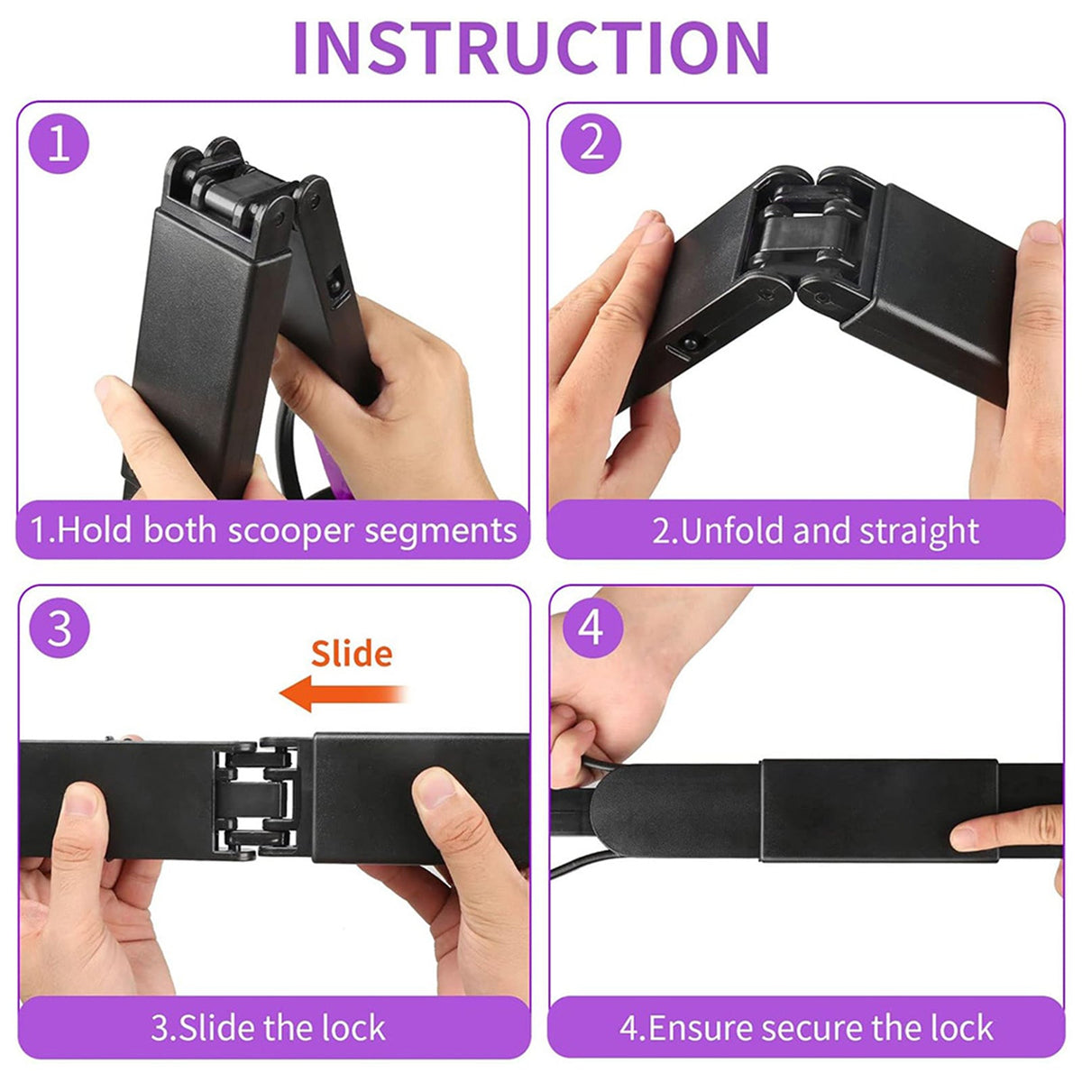 Four steps to unfold the handle and slide the lock