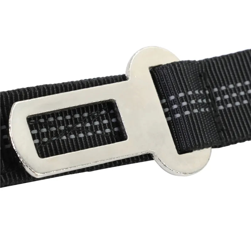 Close-up of the metal seat belt clip on the black webbing