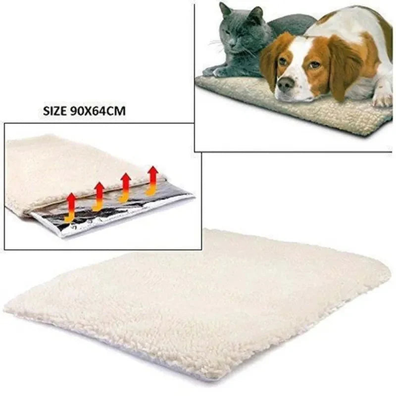Collage of the cream fleece self-warming pet mat, a cut-away of its reflective inner layer, and a cat and a dog lying on a mat
