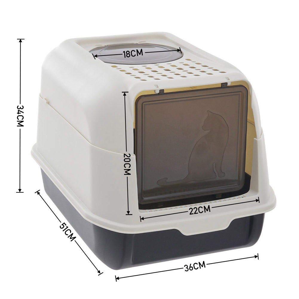 The hooded litter box with its sizes: 51 cm long, 36 cm wide, 34 cm high, front door 22 by 20 cm, top entry 18 cm