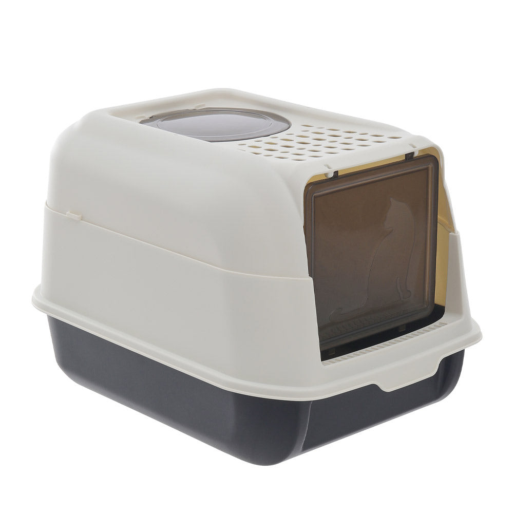 The hooded litter box seen from the front corner, with the flap door and the vented top