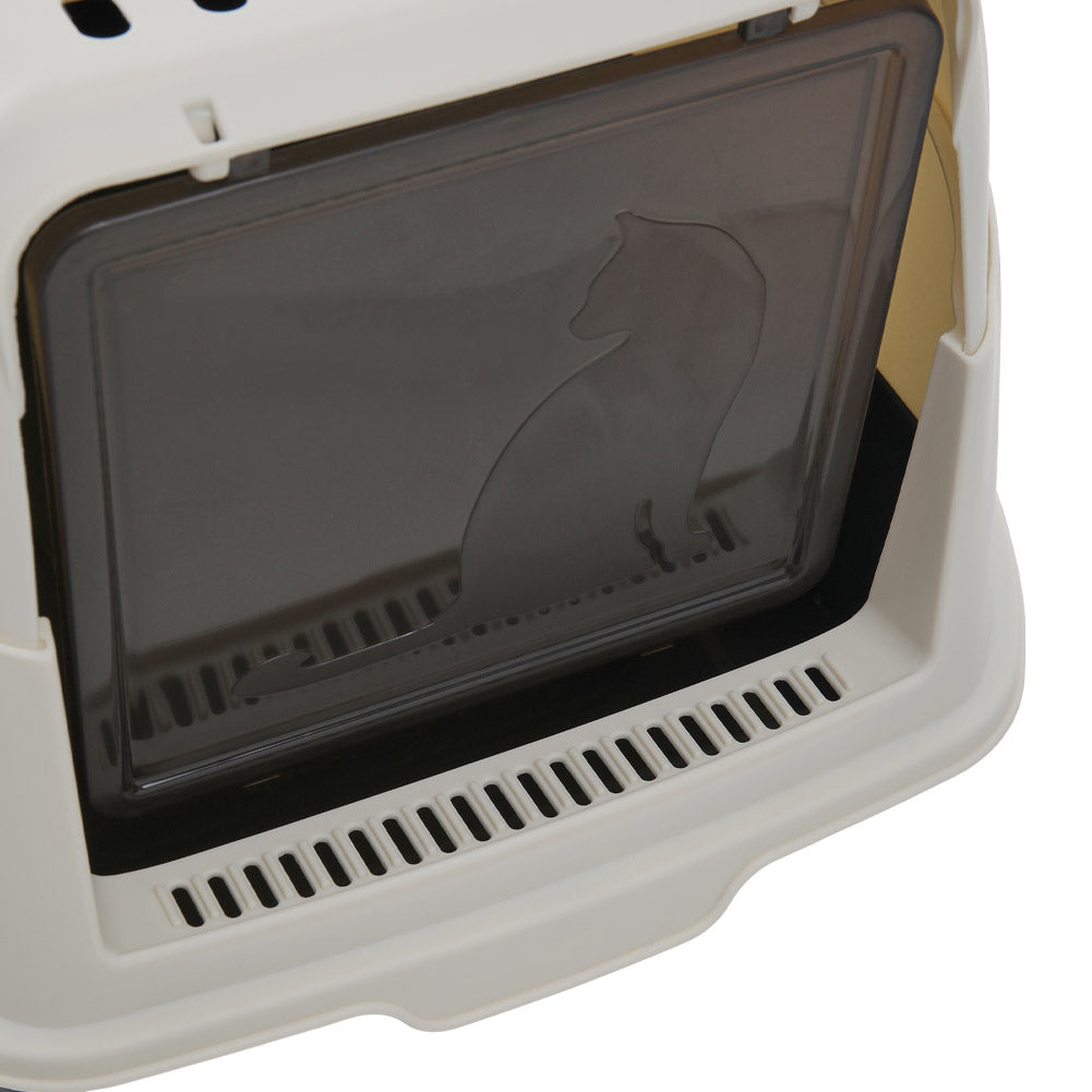 Close view of the tinted brown flap door with a sitting-cat outline