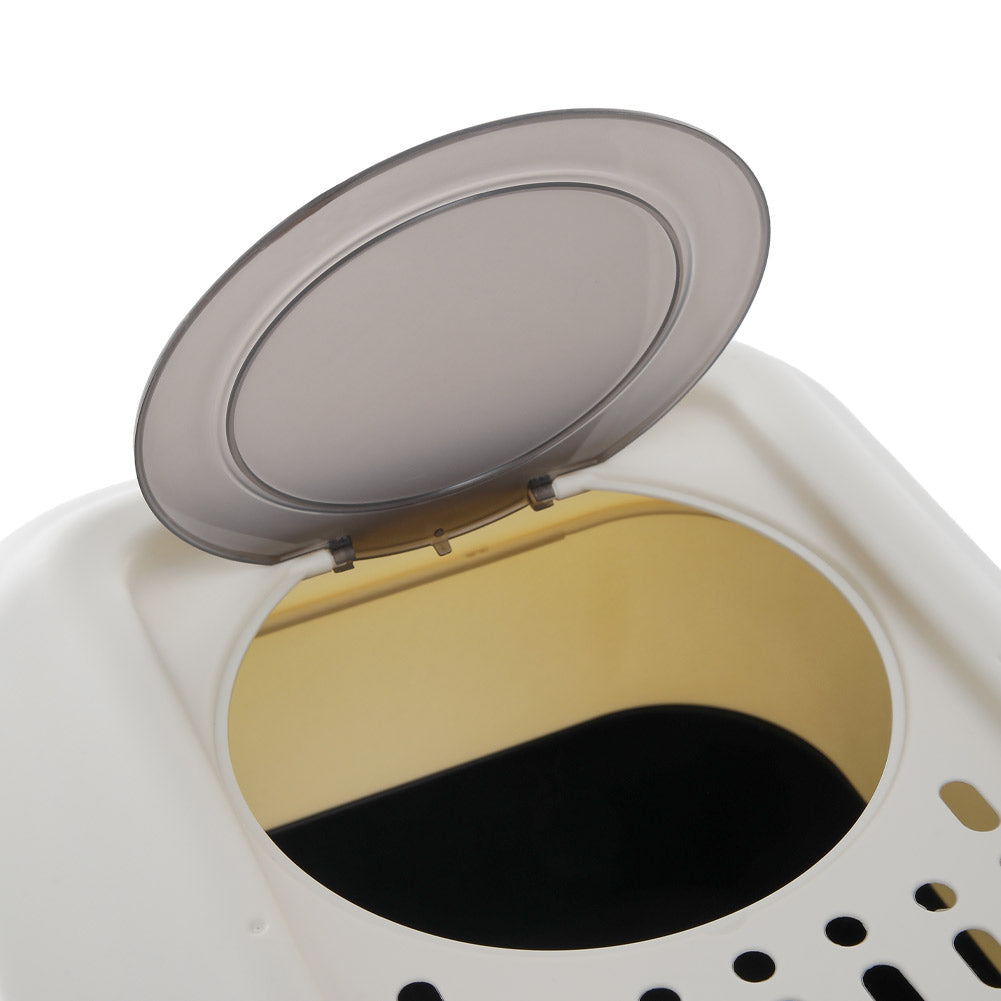 Close view of the round top entry with its tinted lid lifted