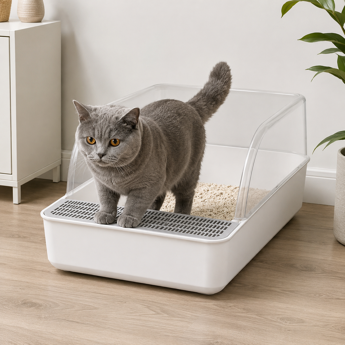 A grey cat standing on the grid step of the open litter tray