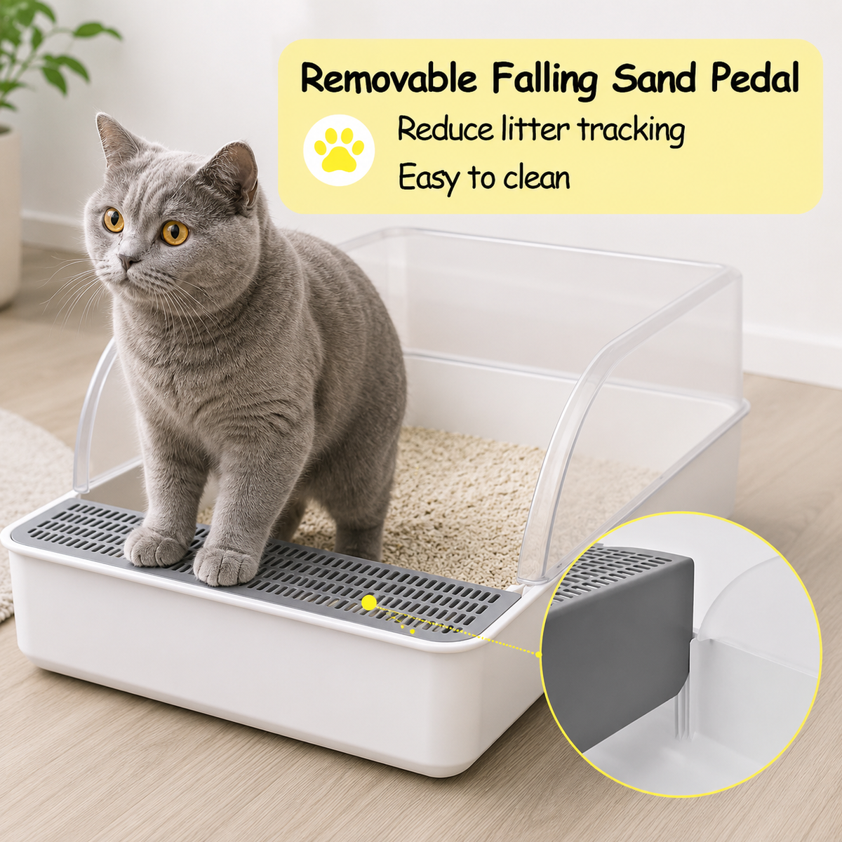 A grey cat on the grid step, with a close-up of the removable step