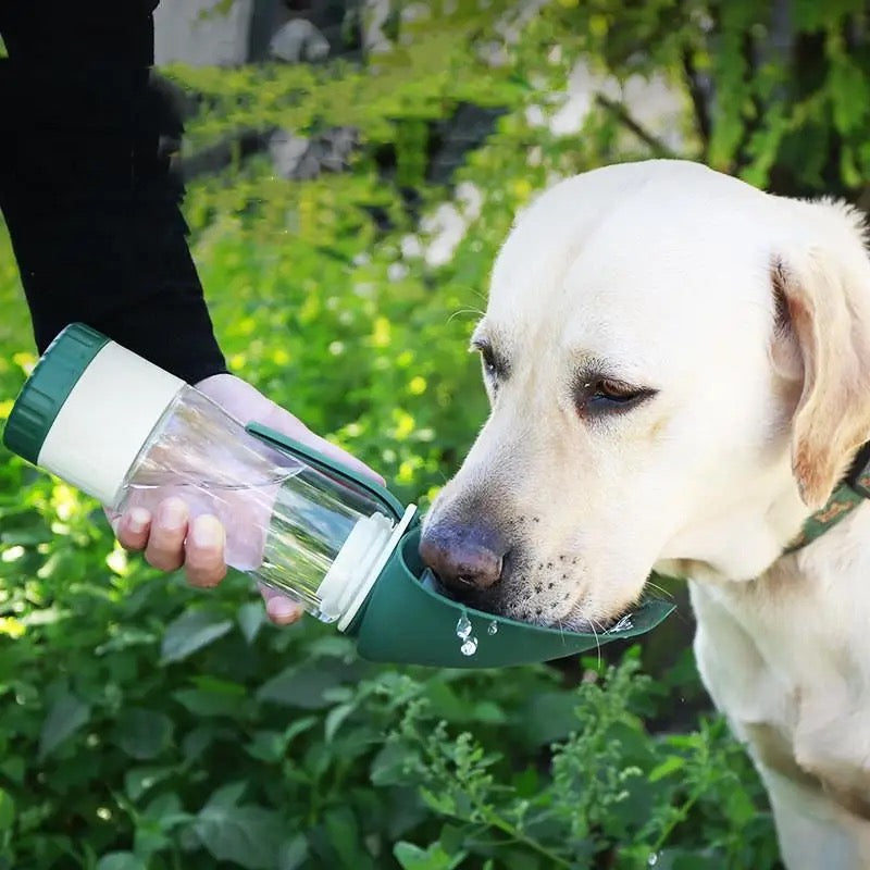 A Labrador drinking from the fold-down trough of the green bottle