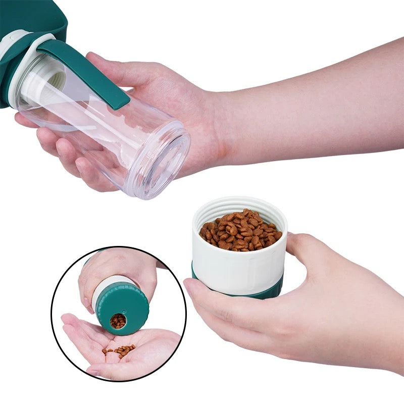 The clear bottle and its unscrewed food container filled with dry food