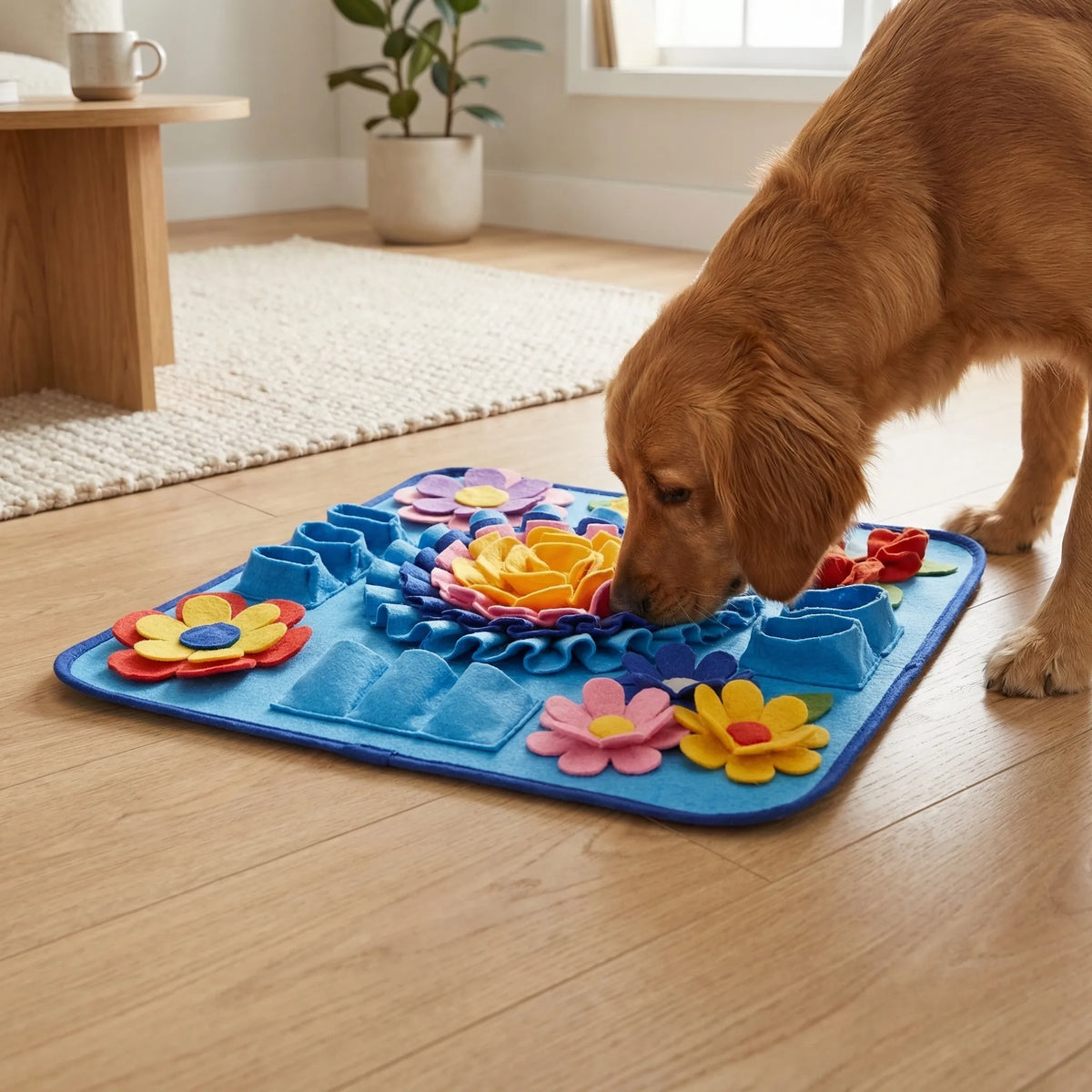 A golden retriever sniffing a blue snuffle mat with flowers
