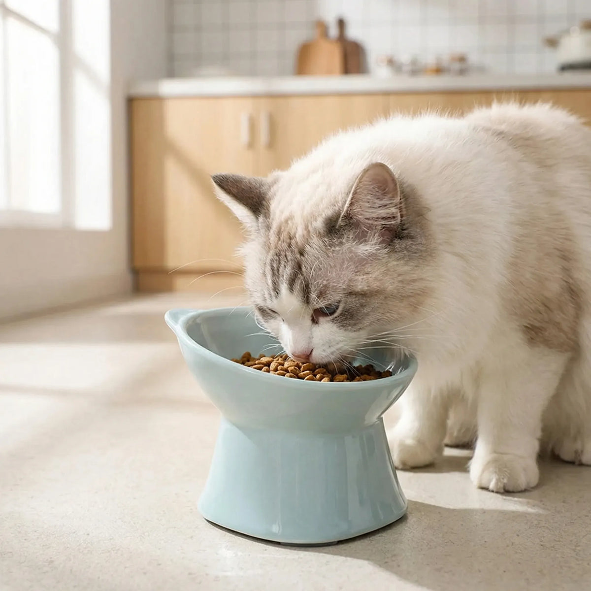A white cat eating from the raised bowl in a kitchen