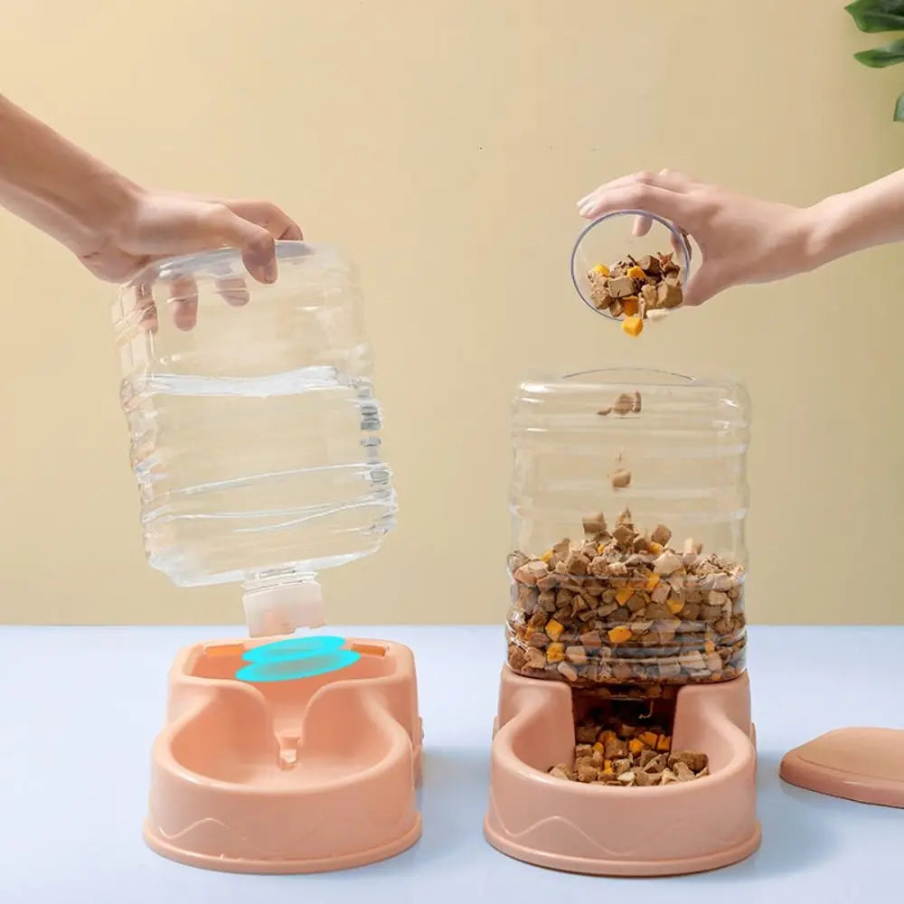 Hands filling a pink water dispenser and a pink feeder