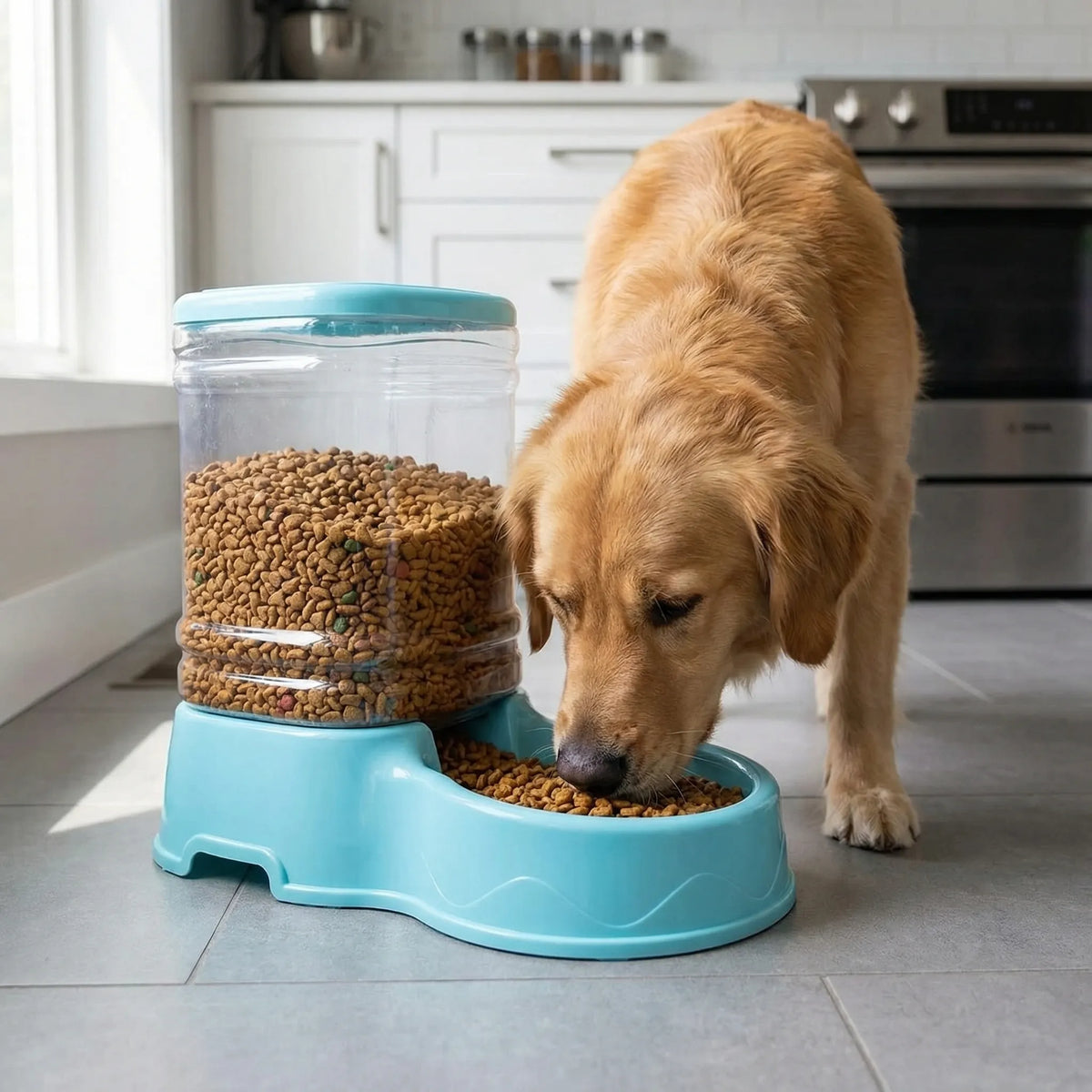 A golden retriever eating from the blue gravity feeder in a kitchen