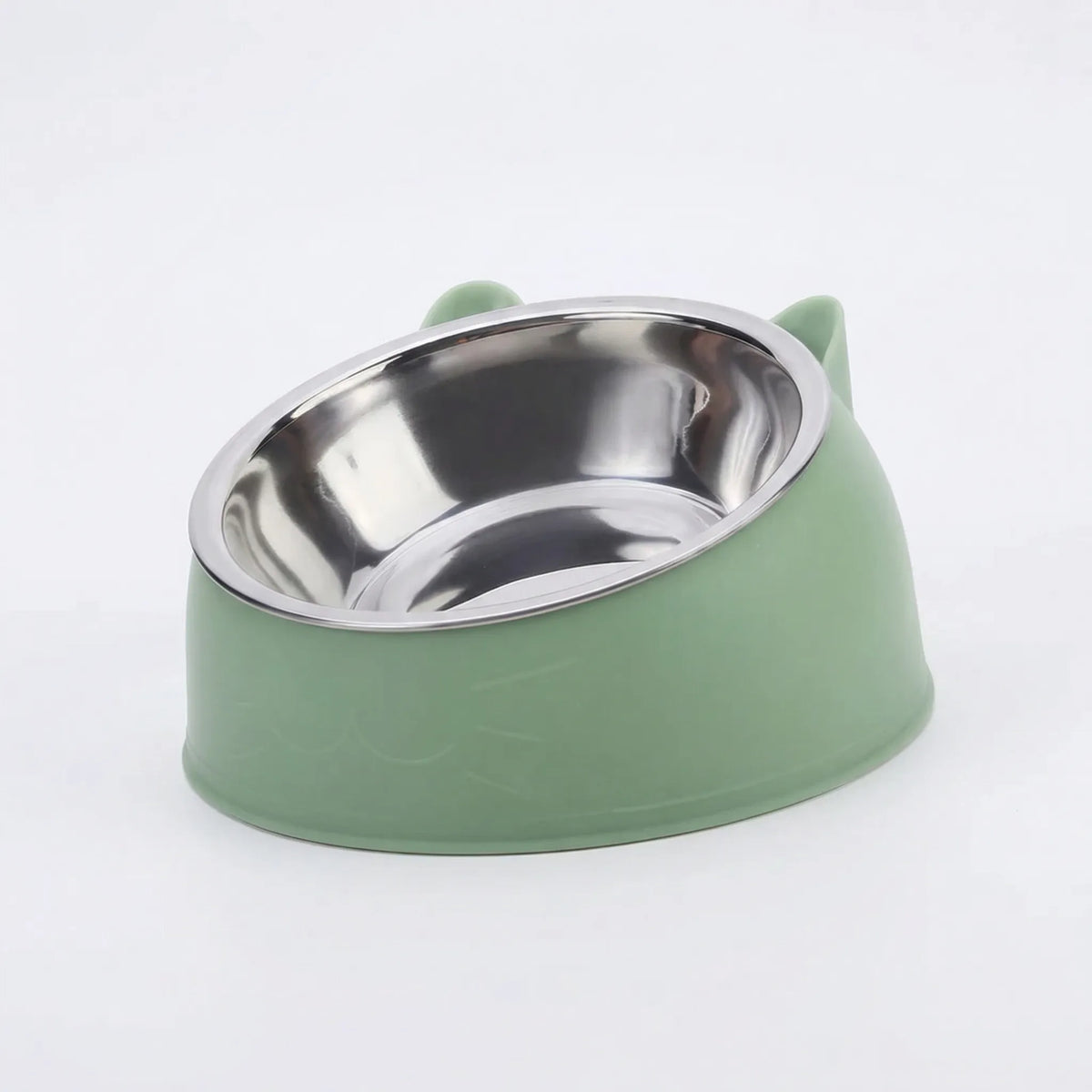 Green tilted cat bowl with a stainless steel insert and cat ears