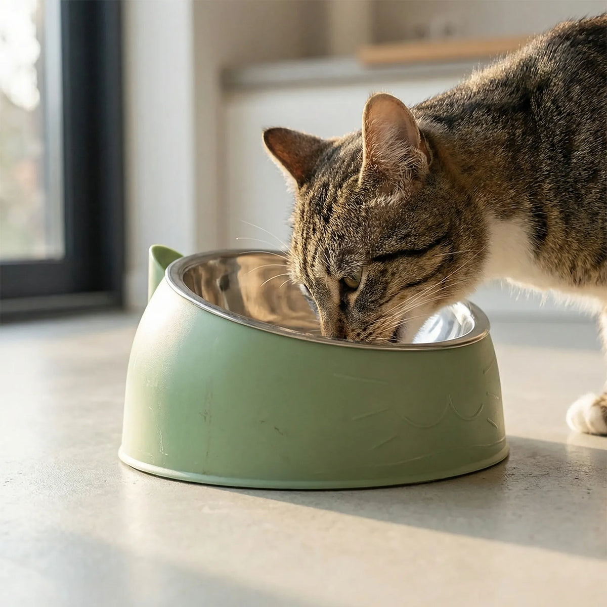 A tabby cat eating from the green tilted bowl on a kitchen floor