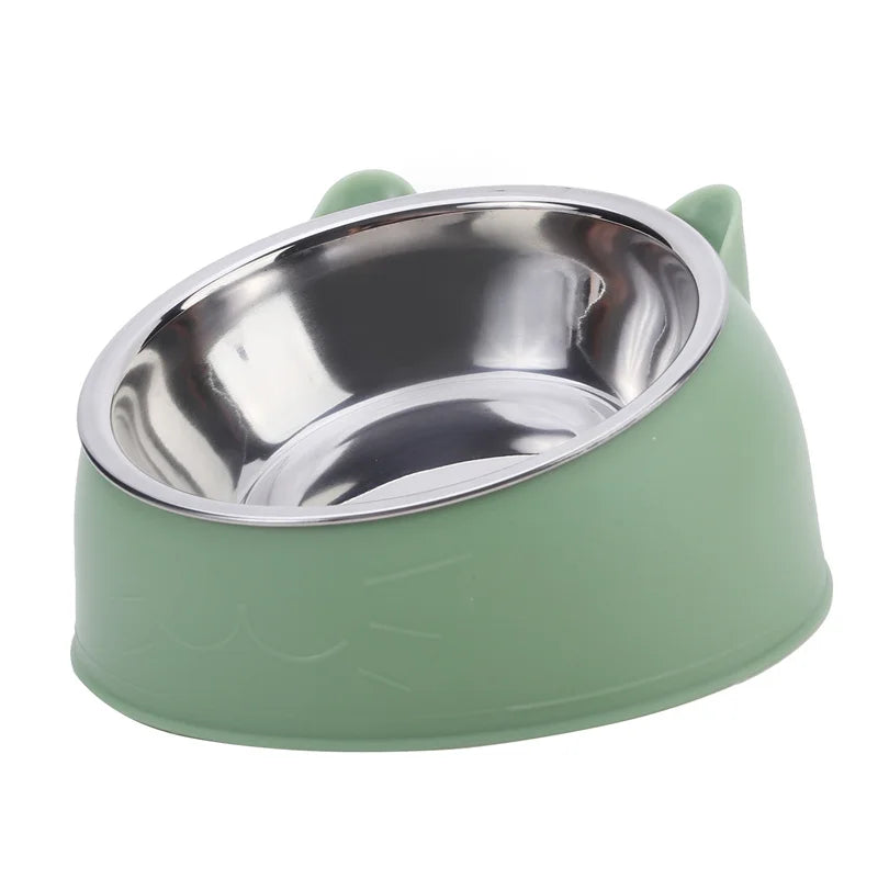 Green tilted cat bowl with a stainless steel insert