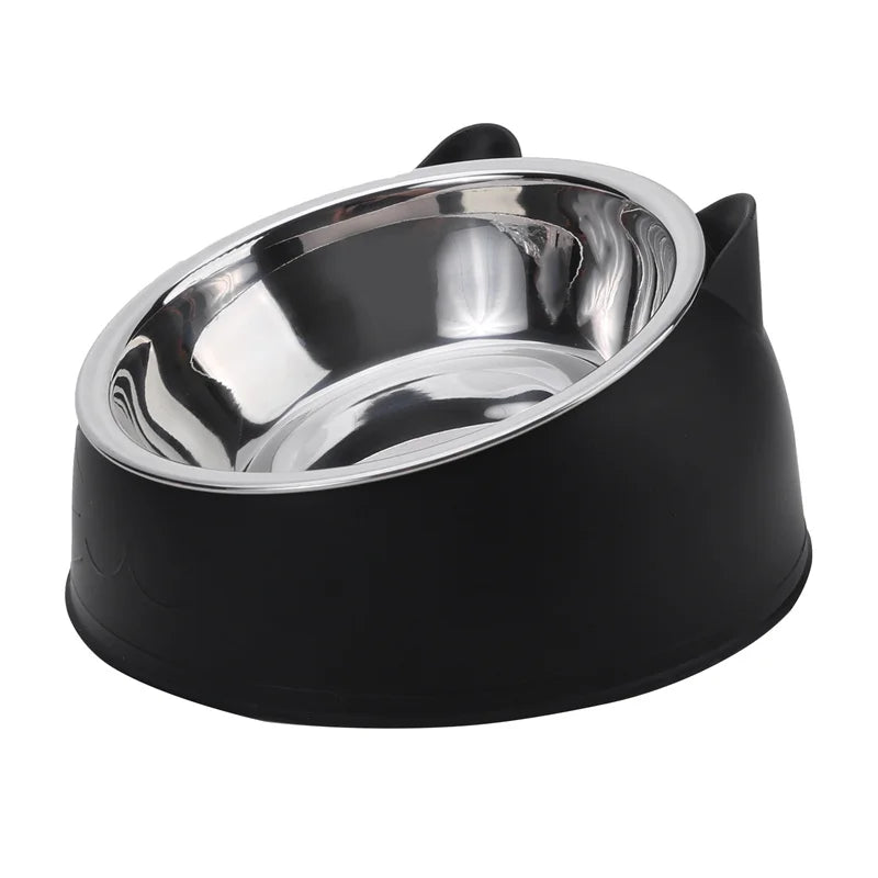 Black tilted cat bowl with a stainless steel insert