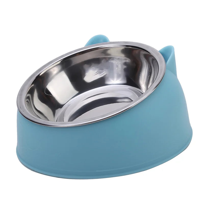 Blue tilted cat bowl with a stainless steel insert