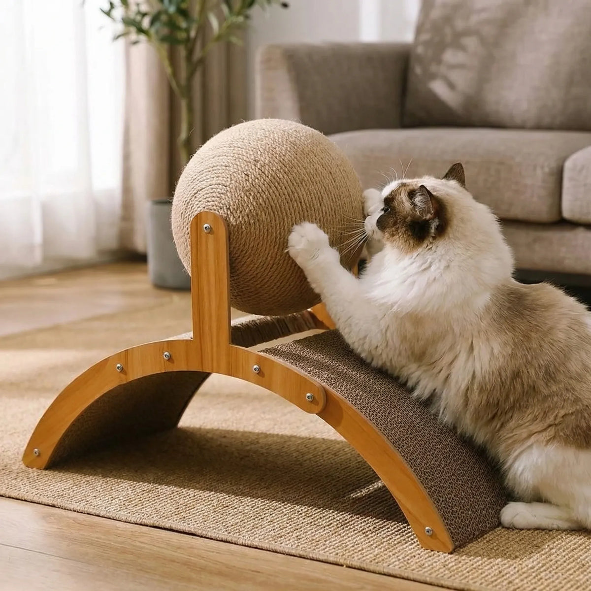 A ragdoll cat scratching the sisal ball in a living room