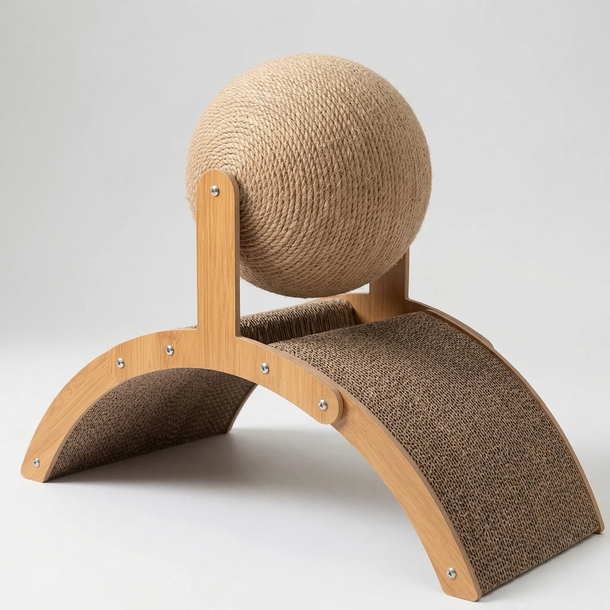 Arched wooden cat scratcher with a sisal ball, seen from the front