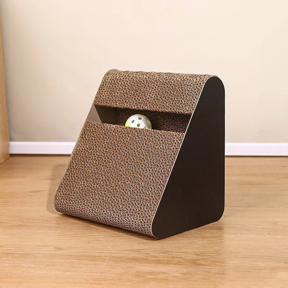 The triangular scratcher on a wooden floor, the ball visible in the top channel