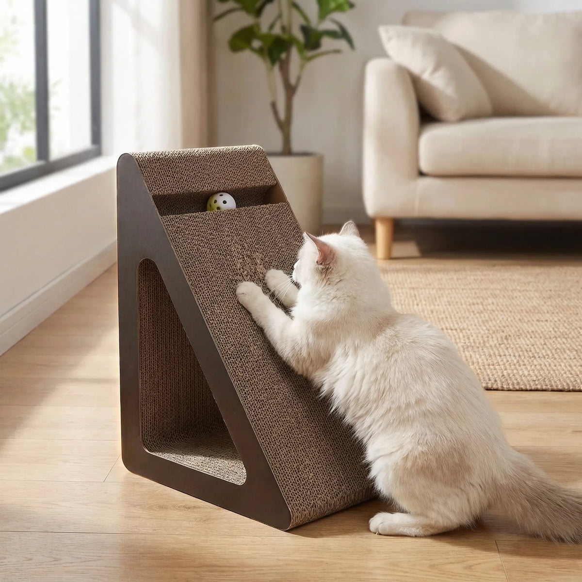 A white cat stretching up to scratch the triangular scratcher in a living room
