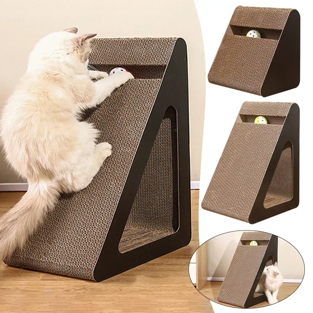 A cat scratching the scratcher, with smaller views of it