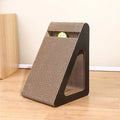 Triangular upright cat scratcher with a dark brown frame, corrugated cardboard front and a ball at the top