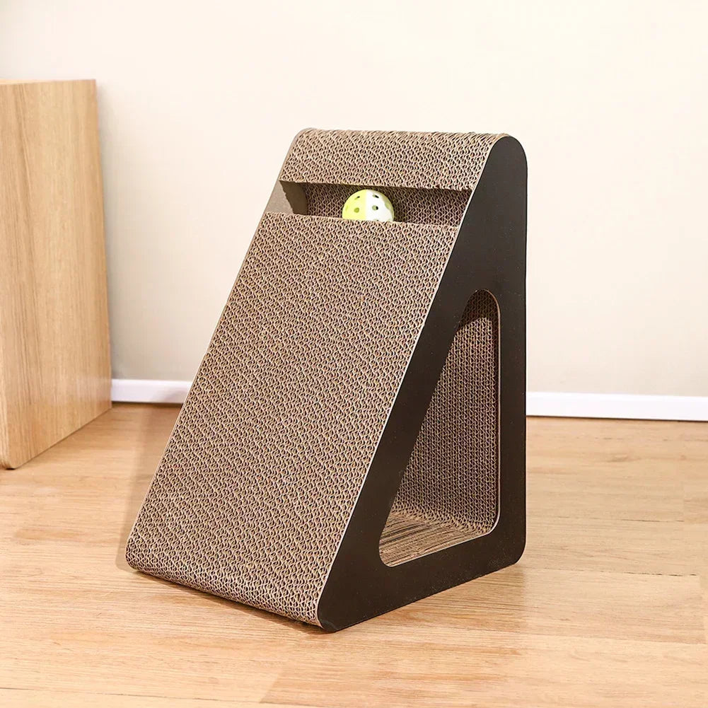 Triangular upright cat scratcher with a dark brown frame, corrugated cardboard front and a ball at the top