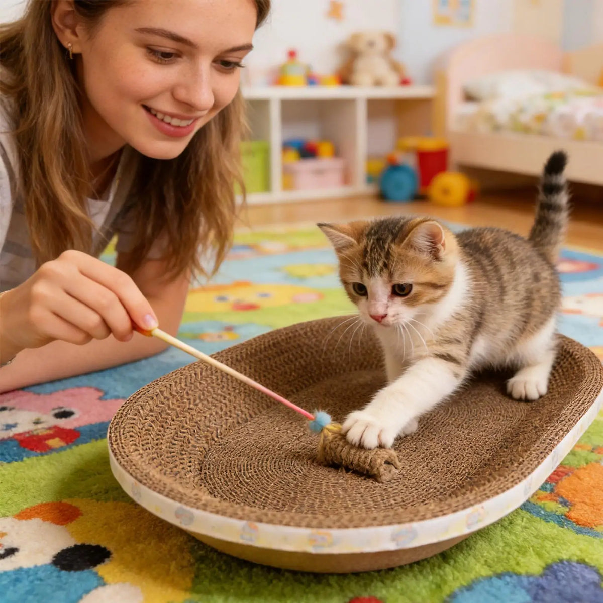 A kitten pawing a toy on the oval cardboard scratcher, a woman holding the wand