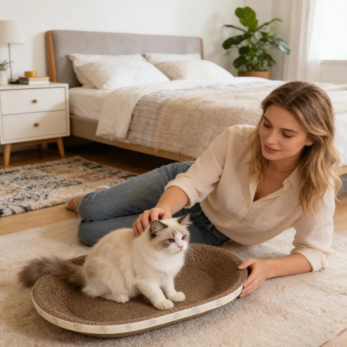 A woman stroking a cat sitting in the oval scratcher bed in a bedroom