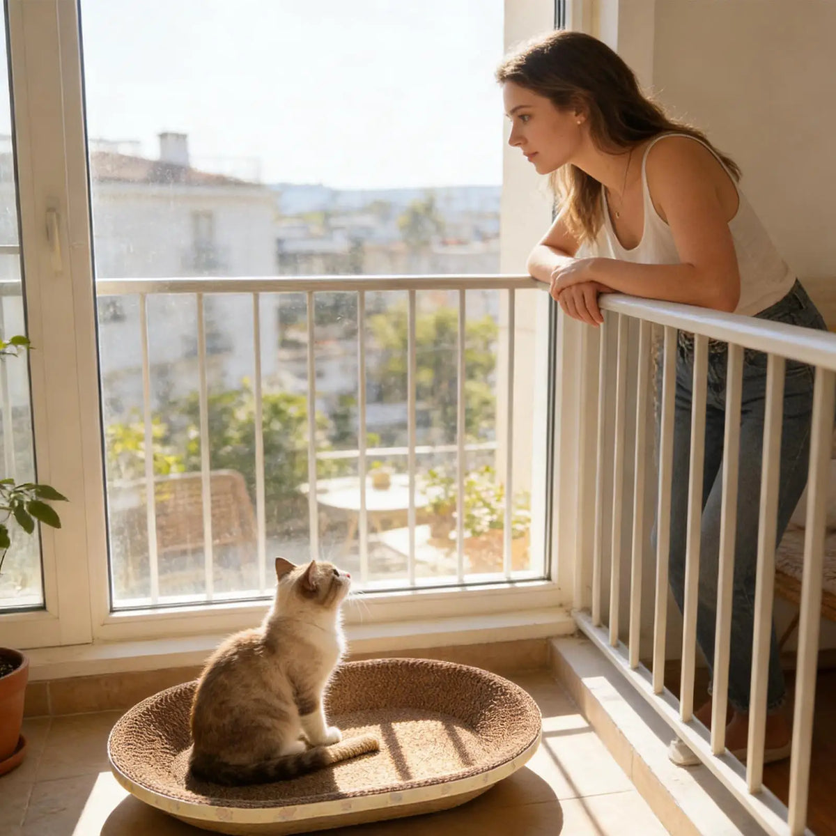 A cat sitting in the oval scratcher bed by a sunny balcony door