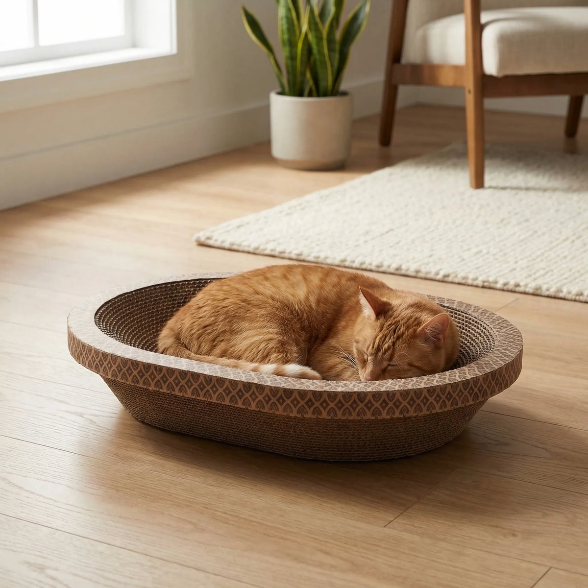 A ginger cat asleep in a deeper oval cardboard scratcher with a patterned side