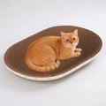 A ginger cat lying in the oval cardboard scratcher bed with its paw-print rim