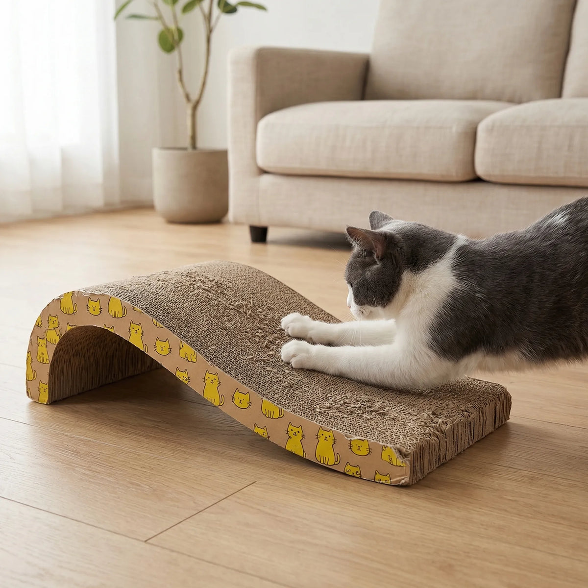 A grey and white cat stretching and scratching on the wave-shaped scratcher