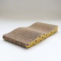 Wave-shaped corrugated cardboard cat scratcher with yellow printed sides