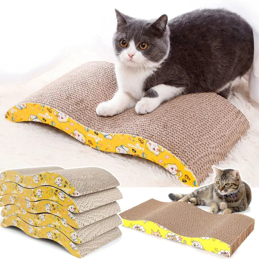 A grey and white cat lying on the scratcher, with a stack of scratchers below