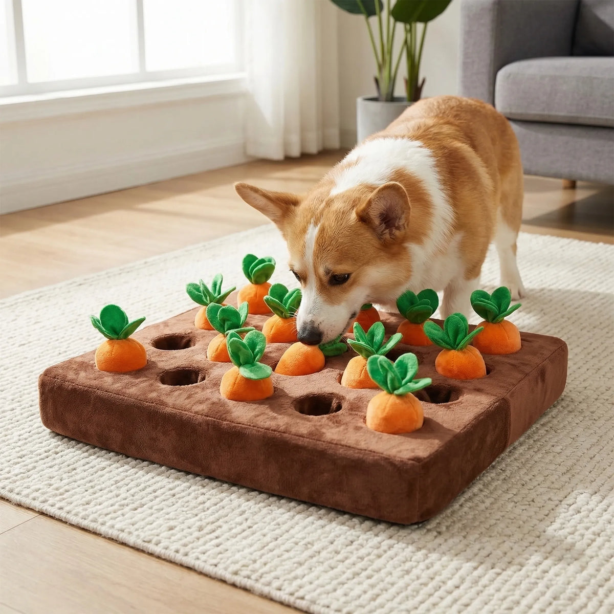 A corgi searching the carrot patch snuffle toy on a rug