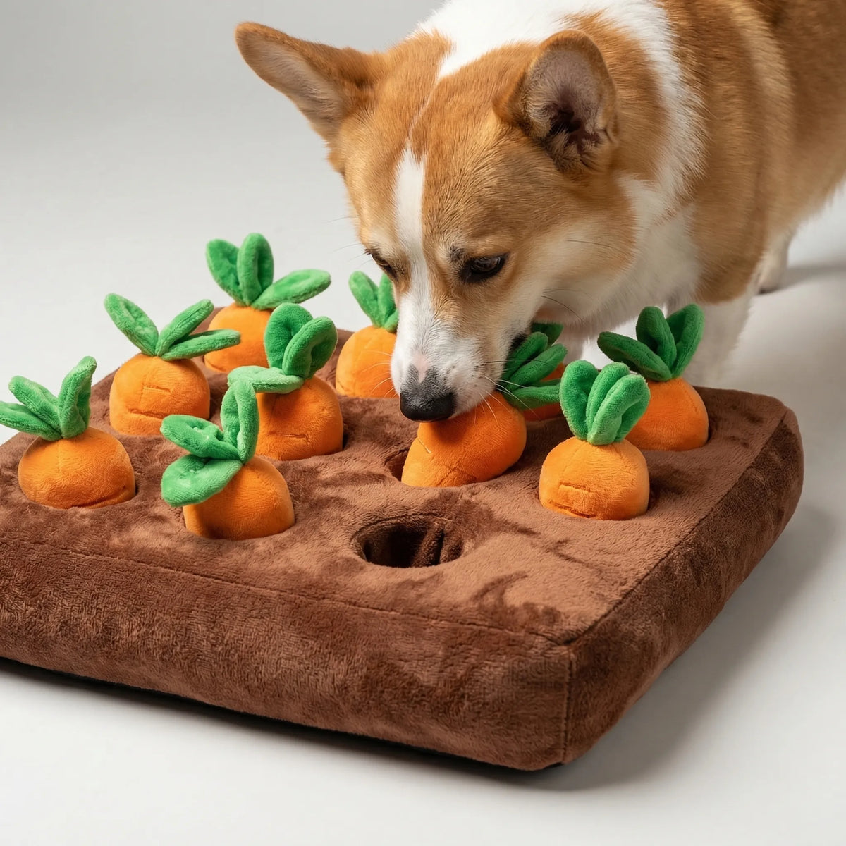 A corgi pulling a plush carrot from the patch